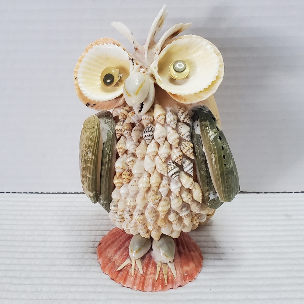 Seashell Owl 7" Vintage Handmade Cute OOAK Sea Shell Figurine Handcrafted